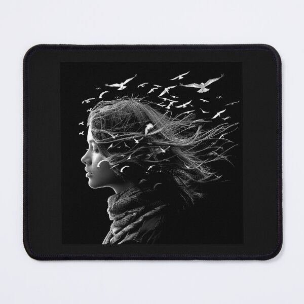 Item preview, Woman with Birds in the Wind – Black and White Surreal Portrait Art designed and sold by inkoutninja.
