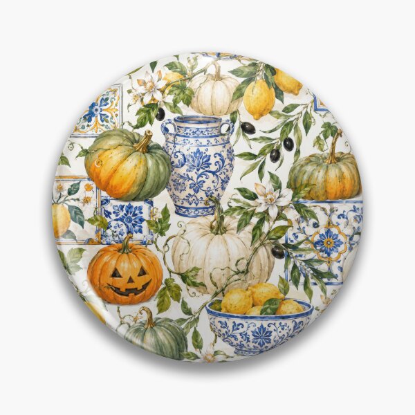 Item preview, Mediterranean Halloween: Lemons, Pumpkins & Blue Tiles Watercolor Pattern designed and sold by ImPlyDesign.