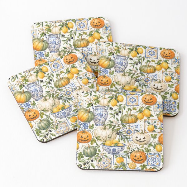 Item preview, Mediterranean Halloween: Lemons, Pumpkins & Blue Tiles Watercolor Pattern designed and sold by ImPlyDesign.
