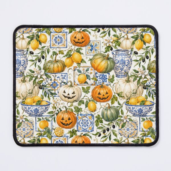 Item preview, Mediterranean Halloween: Lemons, Pumpkins & Blue Tiles Watercolor Pattern designed and sold by ImPlyDesign.