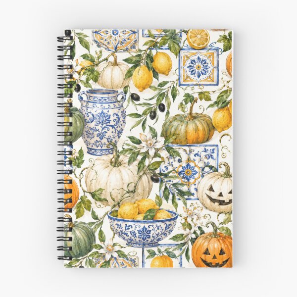 Item preview, Mediterranean Halloween: Lemons, Pumpkins & Blue Tiles Watercolor Pattern designed and sold by ImPlyDesign.