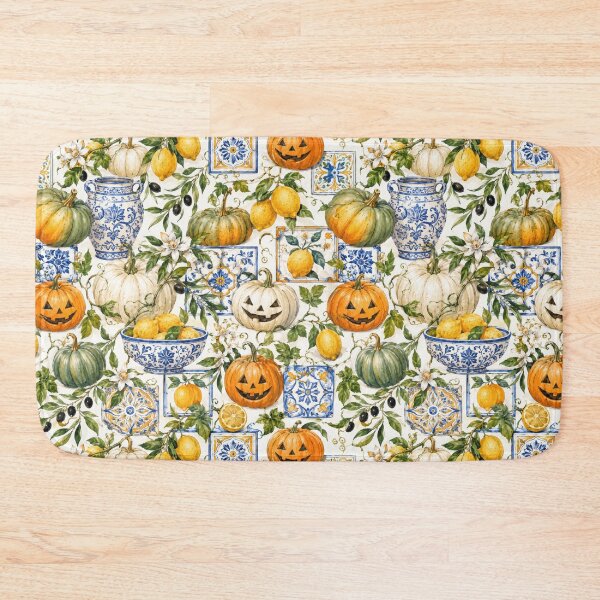 Item preview, Mediterranean Halloween: Lemons, Pumpkins & Blue Tiles Watercolor Pattern designed and sold by ImPlyDesign.