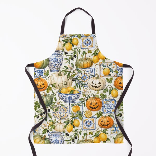Item preview, Mediterranean Halloween: Lemons, Pumpkins & Blue Tiles Watercolor Pattern designed and sold by ImPlyDesign.
