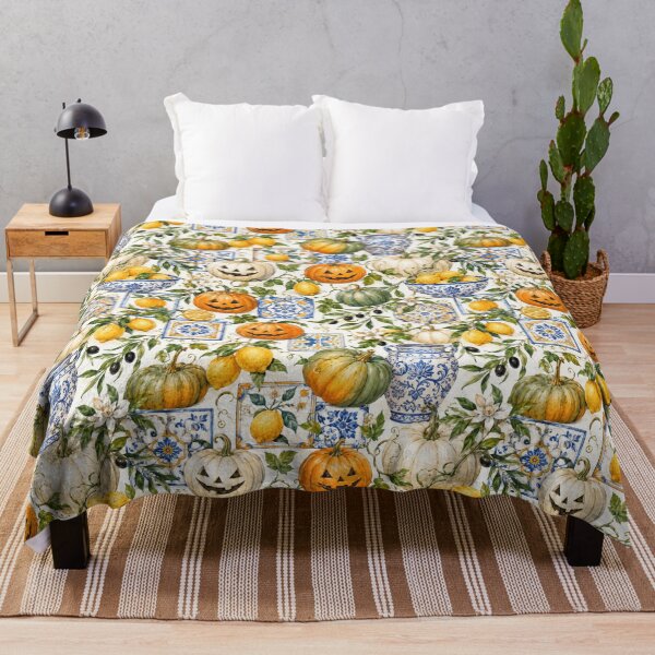 Item preview, Mediterranean Halloween: Lemons, Pumpkins & Blue Tiles Watercolor Pattern designed and sold by ImPlyDesign.