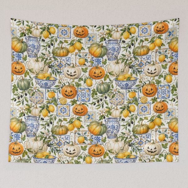 Item preview, Mediterranean Halloween: Lemons, Pumpkins & Blue Tiles Watercolor Pattern designed and sold by ImPlyDesign.