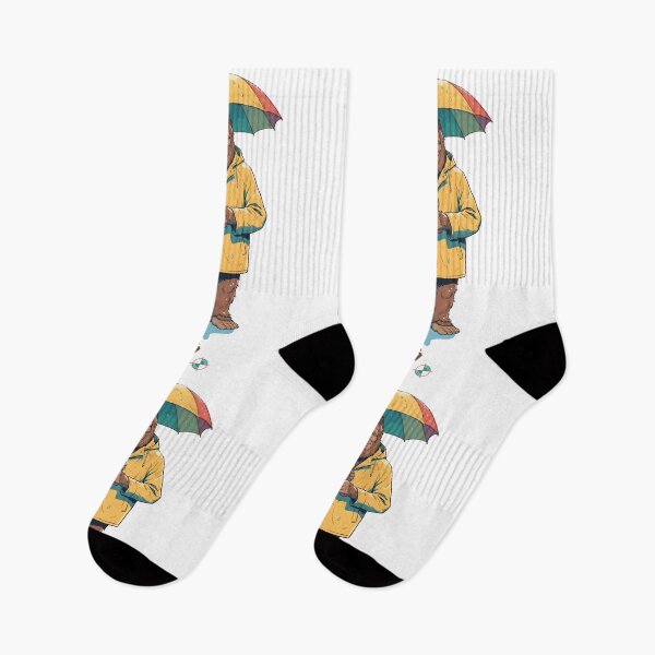 Item preview, Cozy Bigfoot in Yellow Raincoat with Rainbow Umbrella - Cute Sasquatch Illustration designed and sold by Whimsy Trail Co.