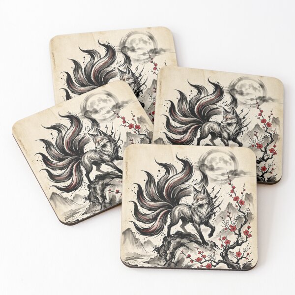 Item preview, Mystical Japanese Fox Sumi-e Ink Wash Art with Red Plum Blossoms designed and sold by iris-festival.