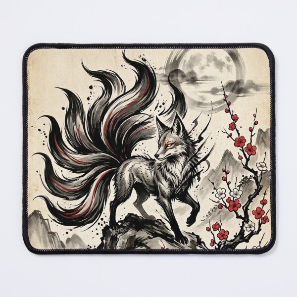 Item preview, Mystical Japanese Fox Sumi-e Ink Wash Art with Red Plum Blossoms designed and sold by iris-festival.