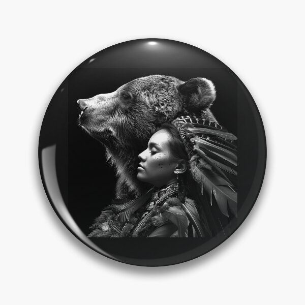 Item preview, Bear Guardian Woman with Feather Headdress – Black and White Fantasy Art designed and sold by inkoutninja.