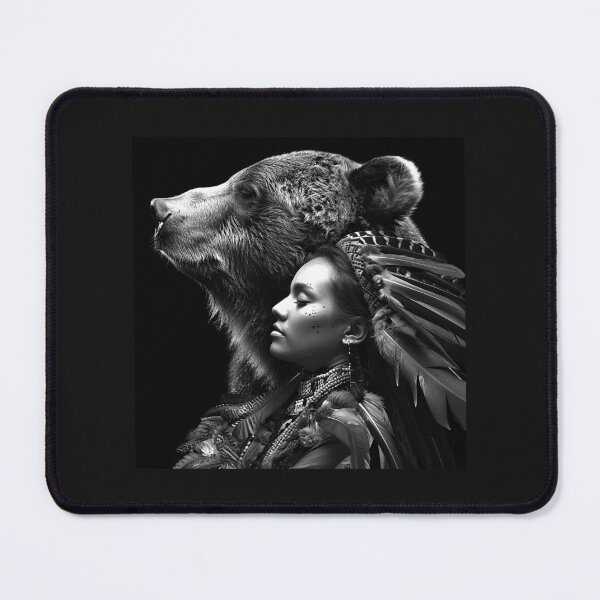Item preview, Bear Guardian Woman with Feather Headdress – Black and White Fantasy Art designed and sold by inkoutninja.