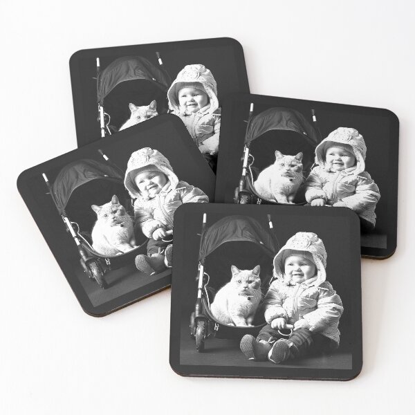 Item preview, Baby and Cat Friendship – Cute Black and White Childhood Portrait designed and sold by inkoutninja.