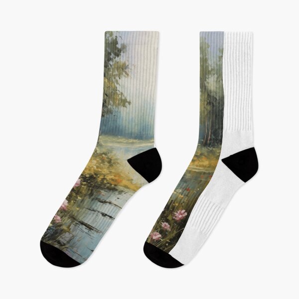 Item preview, Serene Morning Lake with Pink Wildflowers designed and sold by zabuzabumarta.