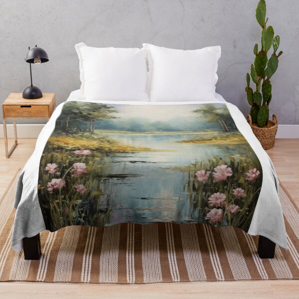 Item preview, Serene Morning Lake with Pink Wildflowers designed and sold by zabuzabumarta.