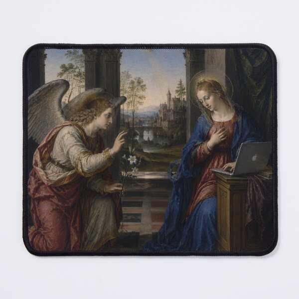 Item preview, The Annunciation – Virgin Mary Checking Her Laptop designed and sold by Pop Pantheon & Trim Team.