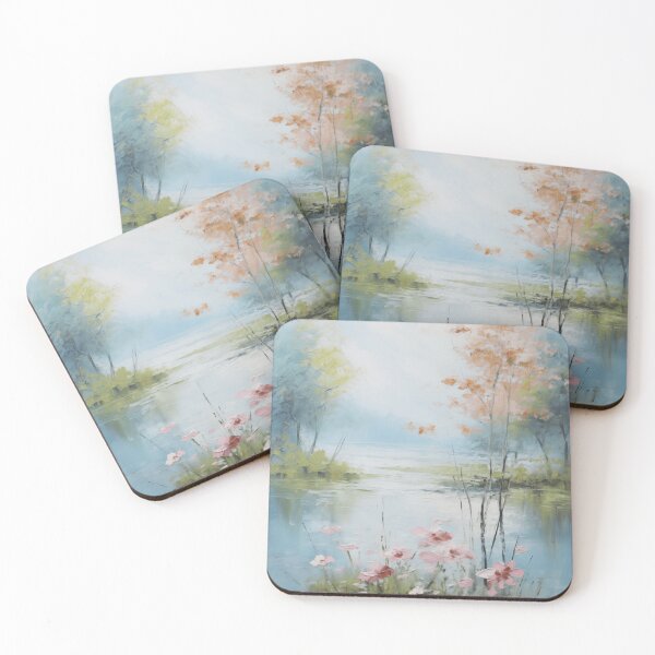Item preview, Dreamy Lake with Pink Blossoms and Soft Foliage designed and sold by zabuzabumarta.