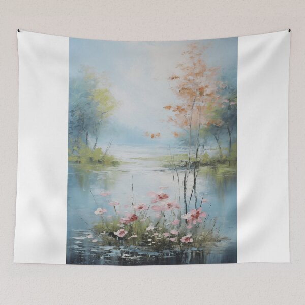 Item preview, Dreamy Lake with Pink Blossoms and Soft Foliage designed and sold by zabuzabumarta.