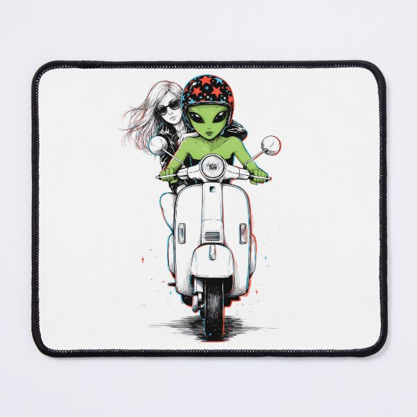 Item preview, Retro Alien Couple Riding a Scooter – Psychedelic Vintage Space Adventure designed and sold by Snifferius.