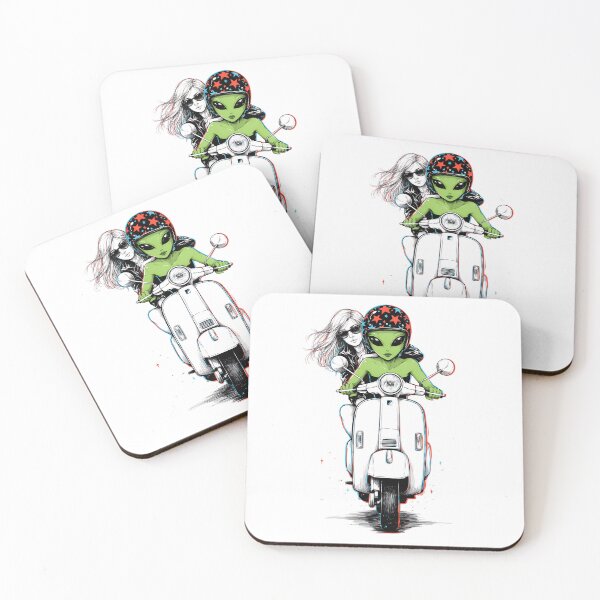 Item preview, Retro Alien Couple Riding a Scooter – Psychedelic Vintage Space Adventure designed and sold by Snifferius.