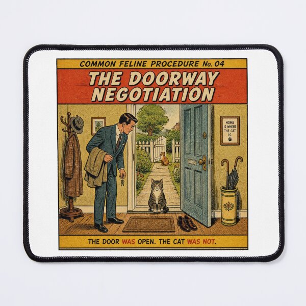 Item preview, Common Feline Procedure No. 04 – The Doorway Negotiation | Funny Vintage Cat Comic designed and sold by Cavalier-org.