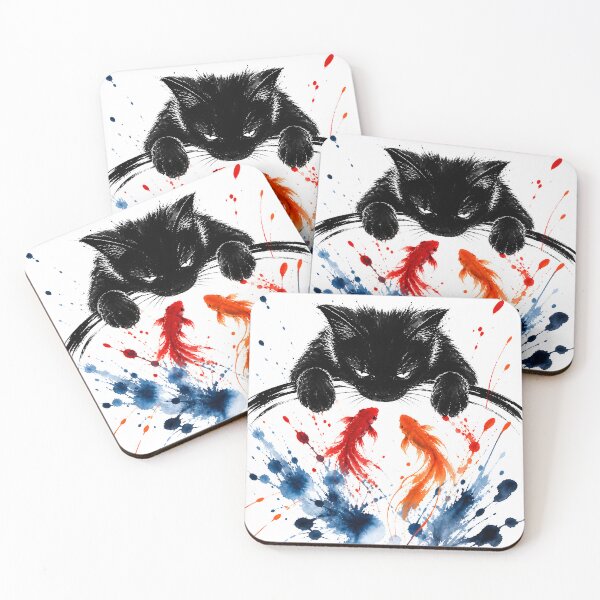 Item preview, Black Cat & Goldfish — Japanese Sumi-e Ink Splash Art designed and sold by mtyk-so.
