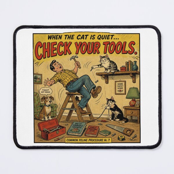 Item preview, Common Feline Procedure No. 07 – When the Cat Is Quiet – Check Your Tools | Funny Vintage Cat Comic designed and sold by Cavalier-org.