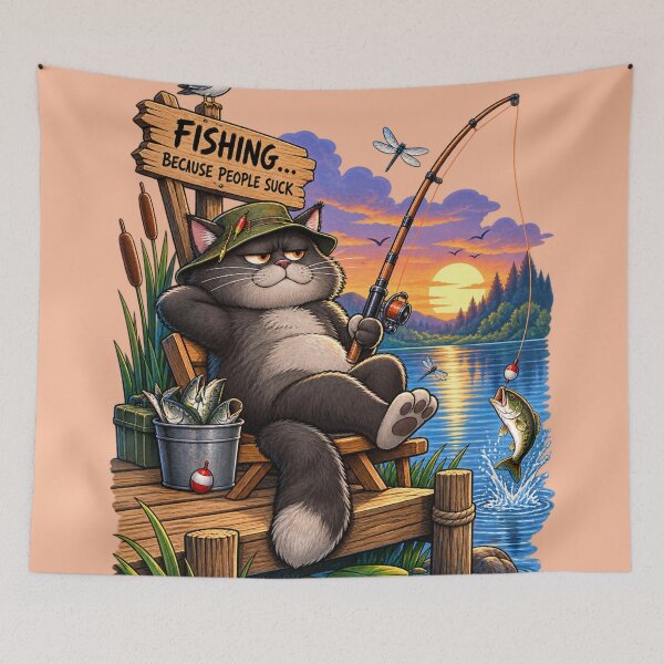 Item preview, Funny Fishing Cat T-Shirt | "Fishing Because People Suck" Grumpy Cat Sunset Tee, Introvert Fisherman Gift, Vintage Lake Life Shirt designed and sold by BLUESKY11a.