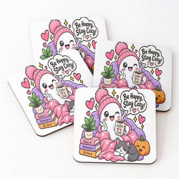 Item preview, Be Happy Stay Cozy Ghost – Cute Kawaii Coffee & Cat Sticker designed and sold by ghatwalsachin.