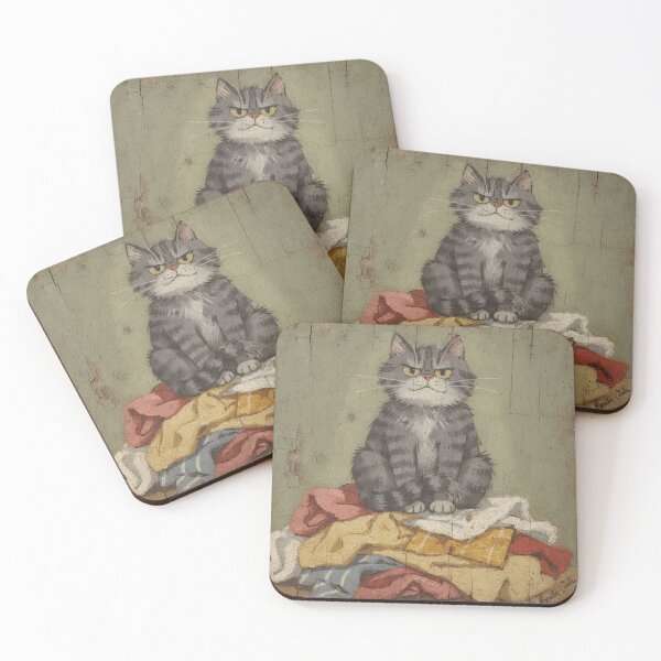 Item preview, Grumpy Grey Cat Sitting on the Warm Laundry Fresh From the Dryer Folk Art designed and sold by PictorialWhimsy.