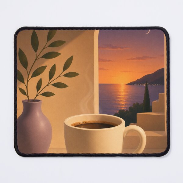 Item preview, Sunset Coffee by the Mediterranean | Cozy Evening Coffee Art designed and sold by joycrysstudio.