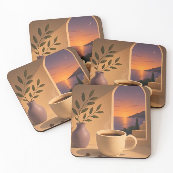 Item preview, Sunset Coffee by the Mediterranean | Cozy Evening Coffee Art designed and sold by joycrysstudio.