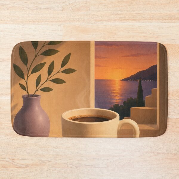 Item preview, Sunset Coffee by the Mediterranean | Cozy Evening Coffee Art designed and sold by joycrysstudio.
