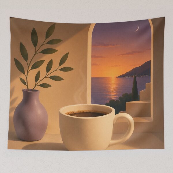 Item preview, Sunset Coffee by the Mediterranean | Cozy Evening Coffee Art designed and sold by joycrysstudio.