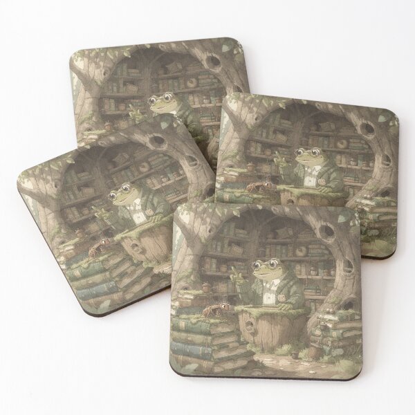 Item preview, Frog Librarian Shushing a Noisy Cricket Cottagecore Art designed and sold by PictorialWhimsy.