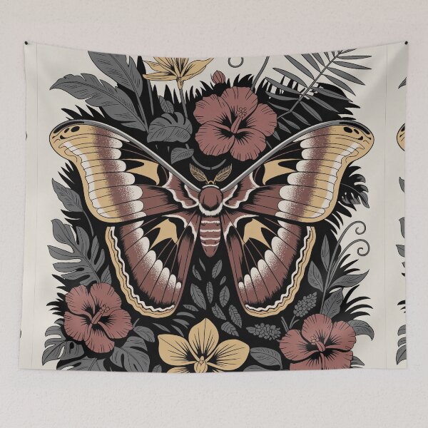 Item preview, Dark Moth Among Hibiscus and Monstera designed and sold by NuvoraNest.
