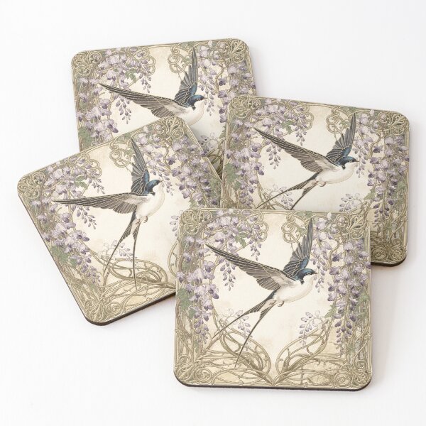 Item preview, Art Nouveau Swallow Among Wisteria in Gold Print designed and sold by PictorialWhimsy.