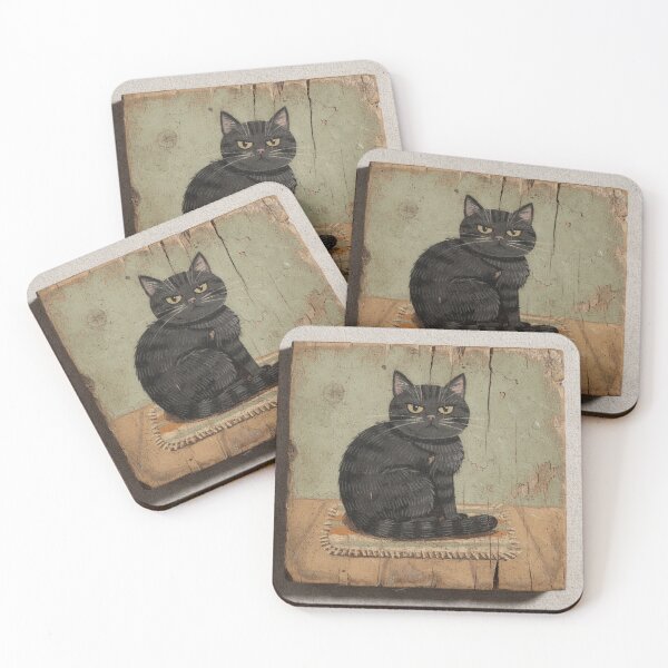 Item preview, Black Cat Loafing Like a Bread Roll on the Doormat Folk Art designed and sold by PictorialWhimsy.