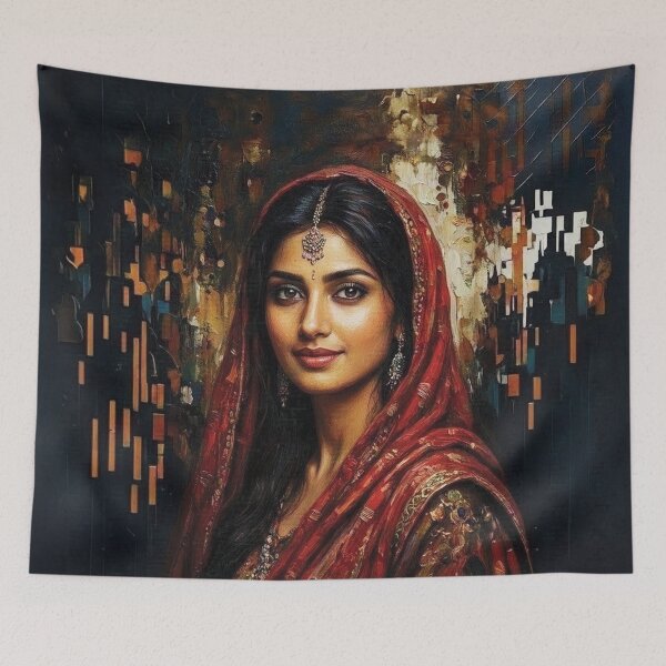 Item preview, Oil Painting Portrait of a South Asian Woman in Traditional Red clothing in Klimt style  designed and sold by Lucia Amaris Art.