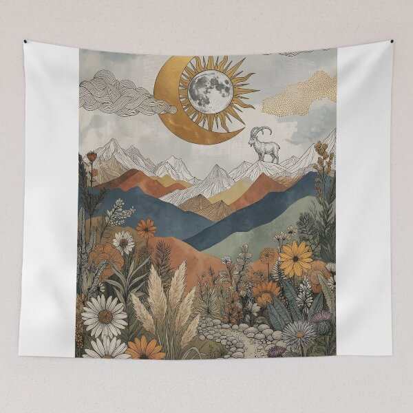 Item preview, Celestial Mountain Valley Illustration with Sun, Moon, and Wildflowers designed and sold by lyliamanjaga.