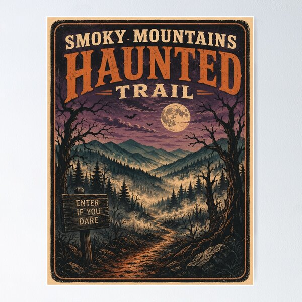 Item preview, Smoky Mountains Haunted Trail Vintage Halloween Travel Poster designed and sold by Globalcitytees.