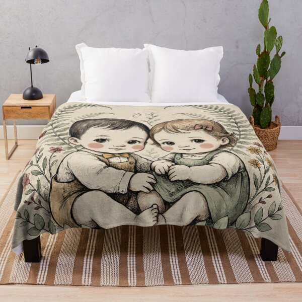 Item preview, Vintage Twin Babies Botanical Nursery Illustration designed and sold by NuvoraNest.