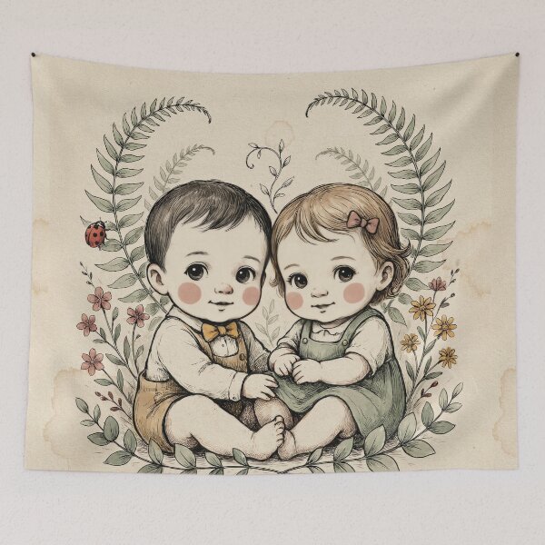 Item preview, Vintage Twin Babies Botanical Nursery Illustration designed and sold by NuvoraNest.