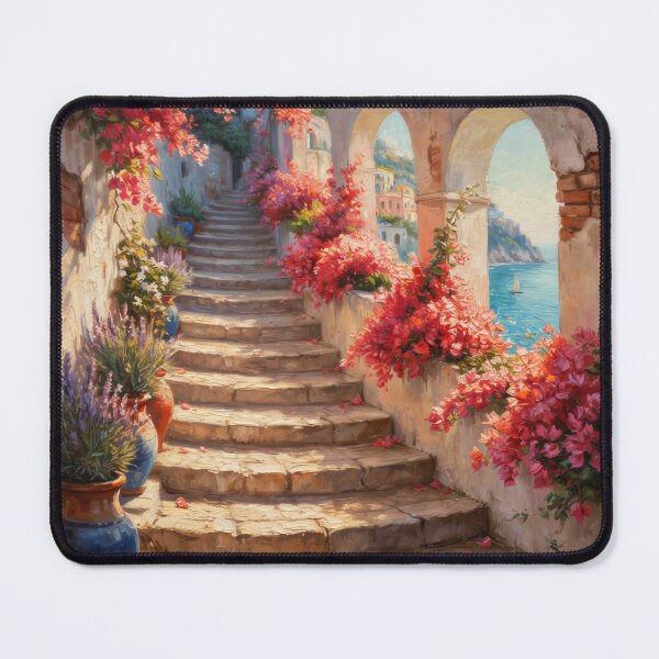 Item preview, Amalfi Coast Bougainvillea Stairway to the Sea – Mediterranean Coastal Italian Wall Art designed and sold by Tamas Das.