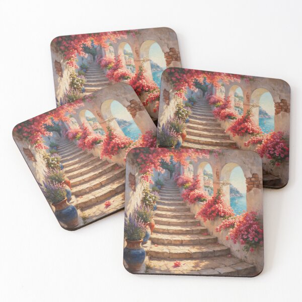 Item preview, Amalfi Coast Bougainvillea Stairway to the Sea – Mediterranean Coastal Italian Wall Art designed and sold by Tamas Das.