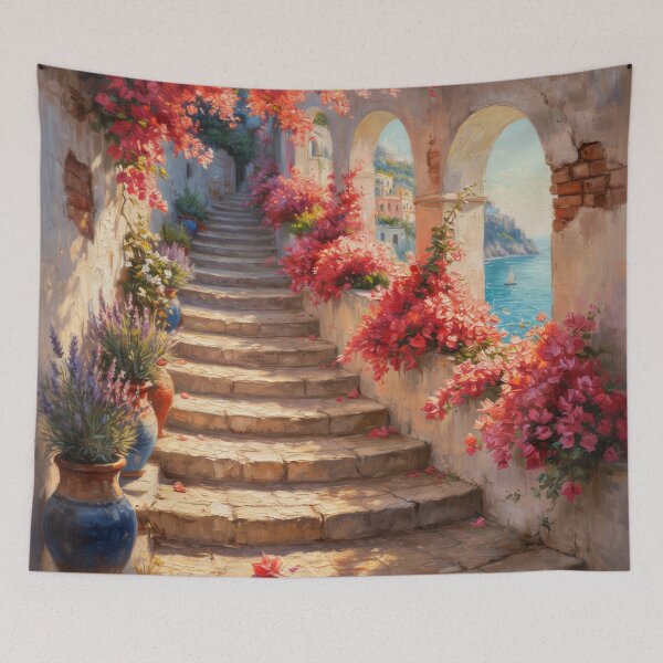Item preview, Amalfi Coast Bougainvillea Stairway to the Sea – Mediterranean Coastal Italian Wall Art designed and sold by Tamas Das.