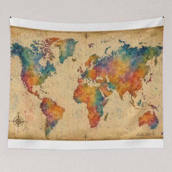 Item preview, Vintage Watercolor World Map designed and sold by LuluLeb.