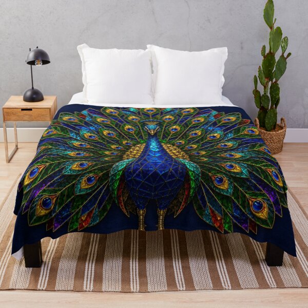 Item preview, Stained Glass Peacock on Deep Navy Blue designed and sold by PrintGo26.