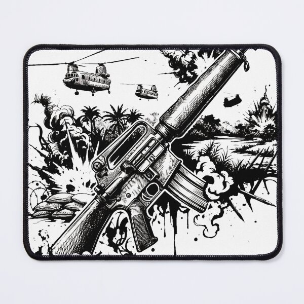 Item preview, military m16 warfare army helicopter black and white illustration designed and sold by dejco.art.