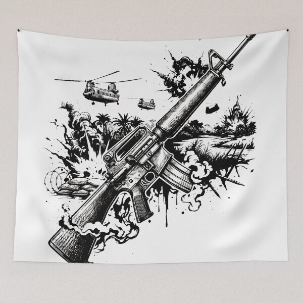 Item preview, military m16 warfare army helicopter black and white illustration designed and sold by dejco.art.