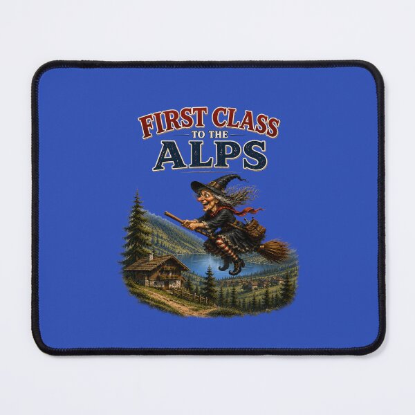 Item preview, First Class to the Alps – Funny Flying Witch Alpine Adventure designed and sold by Alpine-Ink.