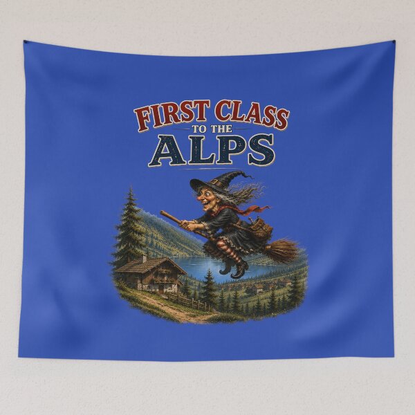Item preview, First Class to the Alps – Funny Flying Witch Alpine Adventure designed and sold by Alpine-Ink.